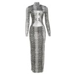High Neck Long Sleeve Bodycon Dress Fashionable Snake Print Metallic Button Details Autumn Winte