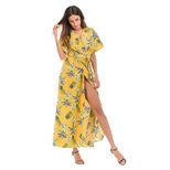 Floral Print Dress V Neck Short Sleeve Side Slit Summer Beach Vacation Wear Wholesale Available