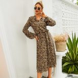 Leopard Print Long Sleeve Midi Dress for Women Casual Spring Summer Style Low MOQ
