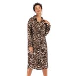 Womens Autumn Dress Long Sleeve Button Down Sexy Leopard Print Slim Fit Split Hem Casual or Part