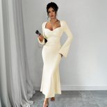 Elegant Ankle Length Dress Chic Cold Shoulder Design High End Fabric Perfect for Fall Winter Who