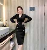 V Neck Long Sleeve Bodycon Dress Slim Fit Double Breasted Design Elegant for Fall Winter