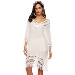 Deep V Hollow Out 3 4 Sleeve Fringe Patchwork Irregular Beach Cover Up Dress Lightweight Stylish