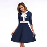 Womens Color Block Bow Collar Knit Dress Slim Fit Mid Length Flared Skirt Autumn Winter Casual W