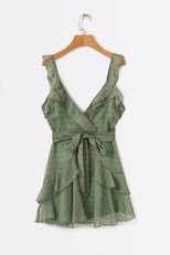 Layered Striped Ruffle Deep V Dress Elegant Fit and Flare Adjustable Tie Waist Summer Fashion Wh