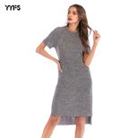 Womens Solid Color Midi Dress Short Sleeve Round Neck Side Slit Autumn Winter Fashion Wholesale