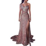 Gold One Shoulder Sleeveless Maxi Dress with Slit for Women Wholesale Elegant Evening Wear Available in Multiple Sizes