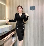 V Neck Long Sleeve Bodycon Dress Slim Fit Double Breasted Design Elegant for Fall Winter