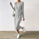 Knitted Grey Dress Irregular Hem Long Silhouette Autumn Winter Style Wholesale Womens Fashion Ap