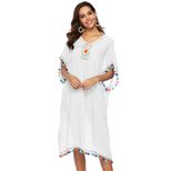 Colorful Tassel Beach Cover Up Dress Hand Crocheted Floral Patchwork Loose Fit Deep V Neck Whole