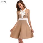 Womens Color Block Bow Collar Knit Dress Slim Fit Mid Length Flared Skirt Autumn Winter Casual W
