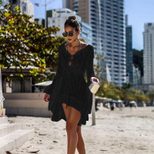 Irregular Deep V Sexy Hollow Out Knitted Beach Cover Up Dress Bell Sleeves Lightweight Fabric Su