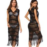 Sexy Hollow Out Deep V Neck Sleeveless Beach Dress with Fringe Lightweight Sheer Fabric Perfect