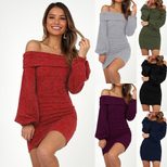 Long Sleeve Bodycon Dress Off Shoulder Neckline Slim Fit Available in 4 Colors Winter Fashion Wh