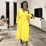 Long Sleeve Solid Color Waist Defined Pleated Maxi Dress for Women Elegant Casual Wear