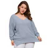 Plus Size Womens Knitted Sweater V Neck Split Hem Loose Fit Spring Summer Casual Wear Wholesale