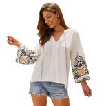 Embroidered V Neck Cotton Linen T Shirt for Women Casual Fit Short Sleeve Autumn Fashion