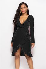 Plus Size Womens Gold Velvet Dress with Ruffle Hem and V Neck for Parties and Events