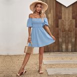 Off Shoulder A Line Dress Waist Defined Casual Floral Print Perfect for Vacation or Summer Outin