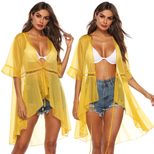 Sheer Loose Fit Ruffled Sleeve Beach Cover Up Adjustable Tie Sun Protection Lightweight Fabric S
