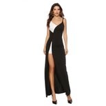 Elegant V Neck Black and White Color Block Maxi Dress Sexy Sleeveless High Slit Design Perfect f