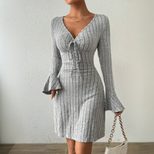 Elegant Gray Flared Sleeve Dress Slim Fit Minimalist Design Autumn Winter Style Wholesale Availa