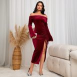 Elegant Midi Dress Sexy Celebrity Style Wine Red Color Autumn Winter Collection Wholesale Availa