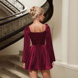 Womens Burgundy High Waisted Dress French Style Autumn Winter Velvet Fabric Party Gathering Whol