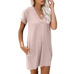 Solid Color Knee Length Dress for Women European Style V Neck Short Sleeve Loose Fit Summer Casu