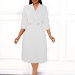 Elegant Womens Dress Solid Color Pleated Design Suit Collar Autumn Fashion for Business or Casua