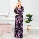 Floral Print Maxi Dress for Women V Neck Mid Waist Long Sleeve Spring Summer Casual Wear