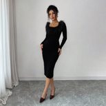 Black Plush Collar Long Dress for Women Slim Fit Side Slit Elegant Design Perfect for Autumn and