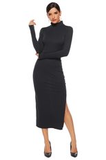 Long Sleeve Knitted Dress for Women Solid Color Side Slit Slim Fit Casual Autumn Winter Wear