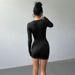 Y2K Style Bodycon Dress Sexy Hollow Out Long Sleeve Solid Color Autumn Winter Party Wear Ready t