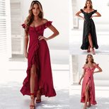 Fashionable Womens Ruffled Hem Dress Solid Color Sexy Style Spring Summer Collection Wholesale A