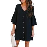 Womens Shirt Dress European Style V Neck Button Front Loose Fit Knee Length Summer Casual Wear W