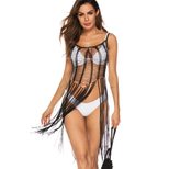 Sheer Lace Cami Dress Sexy Hollow Design Beaded Details Long Fringe Beach Cover Up for Summer Wh