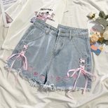Japanese Style High Waisted Denim Shorts Blue Embroidered Frayed Hem Cute Loose Fit Summer Casua