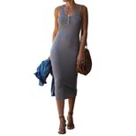 Sleeveless Long Dress Round Neck Ribbed Knit Mid Length Knee Length Casual Summer Wear Wholesale