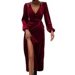 Velvet Midi Dress Elegant Wine Red Color Long Sleeve Party Wear Autumn Winter Collection Wholesa