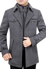 Mens Wool Blend Overcoat Mid Length Removable Double Layer Fur Collar Stylish Outerwear for Fall