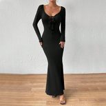 Elegant Long Sleeve Bodycon Dress Deep U Neck Front Tie Slim Fit Chic Style Perfect for Evening