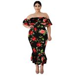Summer Floral Print Ruffle Off Shoulder Dress Sexy Short Sleeve Mermaid Hem Plus Size Evening Pa