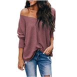 V Neck Off Shoulder Loose Long Sleeve T Shirt for Women Casual Autumn Style in Multiple Sizes