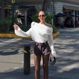 Womens Long Sleeve T Shirt Sheer Mesh Floral Embellishments Asymmetrical Shoulder Trendy Street