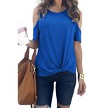Womens Summer Loose T Shirt Round Neck Short Sleeve Solid Color Knot Hem Design Casual Wear Whol