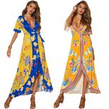 Womens Beach Dress Short Sleeve V Neck Flared Hem Floral Print Vacation Wear