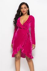 Plus Size Womens Gold Velvet Dress with Ruffle Hem and V Neck for Parties and Events