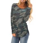 Camouflage Print Long Sleeve T Shirt for Women Regular Fit Round Neck Knit Fabric Autumn Casual