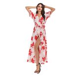 Floral Chiffon Dress V Neck Short Sleeve High Slit A Line Casual Beachwear Wholesale Available